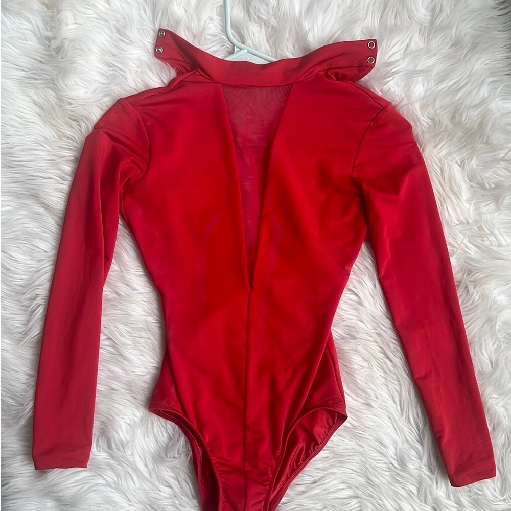 Medium, red, long sleeve ballet leotard.